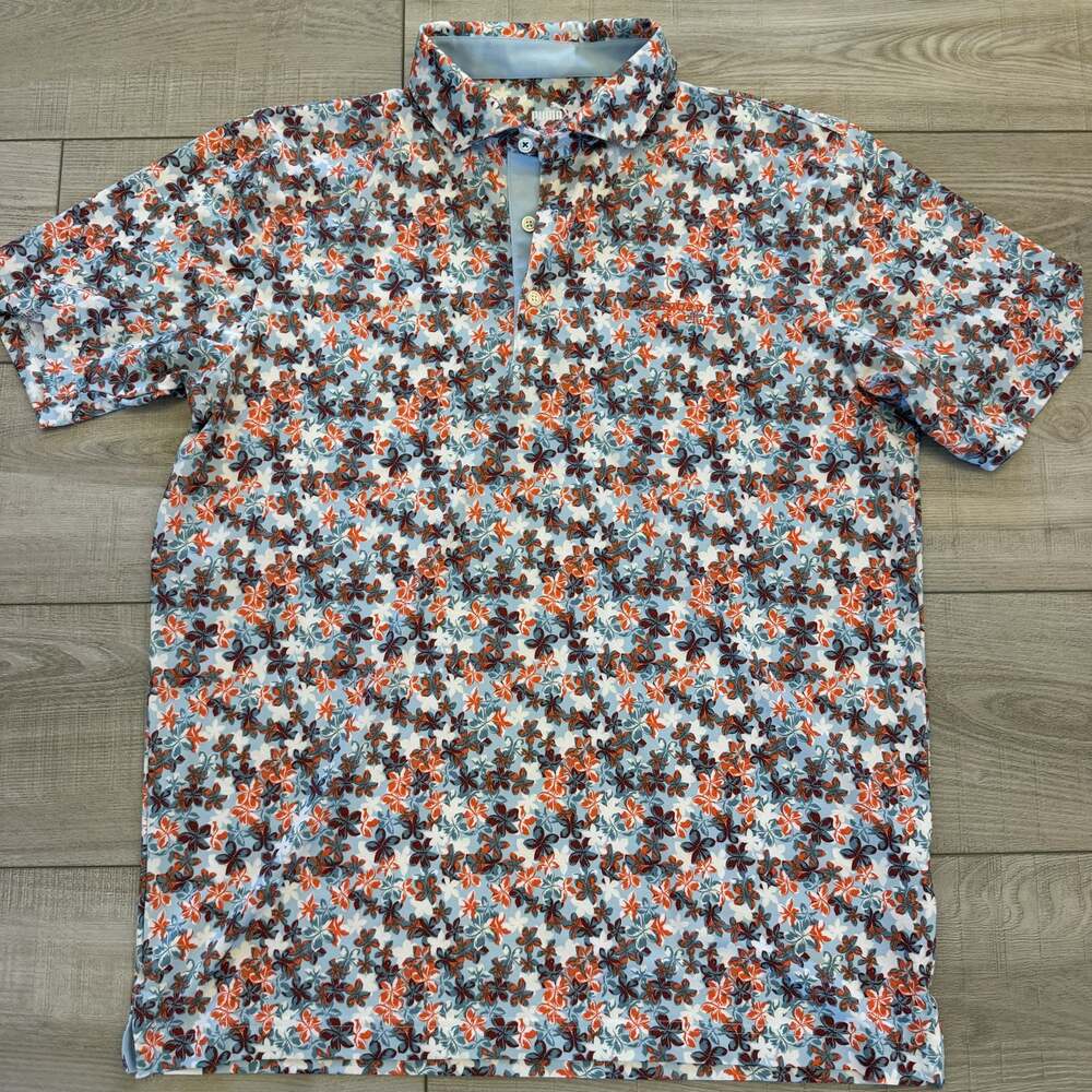 Puma Golf Mens M Blue Orange Floral Polo Shirt